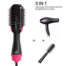 Hair Dryer 3 in 1 Hot Air Brush Styler and Volumizer Blow Dryer Salon Blower Brush Electric Hair Straightener Curler Comb (Color: pink)